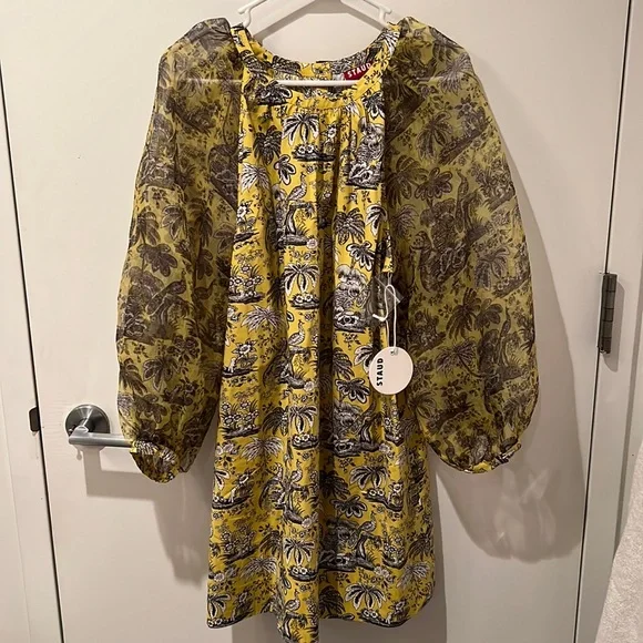 staud brown and yellow dress Staud V-Neck Mini Dress w/ Tags - Yellow Dresses, Clothing - WSTFG90930